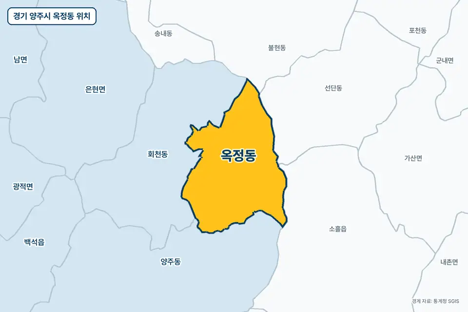 경기 양주시 옥정동 지도 그림. 가운데 노란 부분이 옥정동이고 주변에 회천동, 양주동, 선단동, 소흘읍이 보인다.