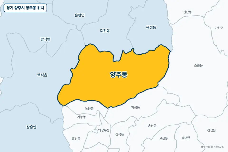 경기 양주시 양주동 위치 지도. 노란색으로 칠한 양주동 둘레에 백석읍, 회천동, 자금동, 옥정동 이름이 적혀 있다.