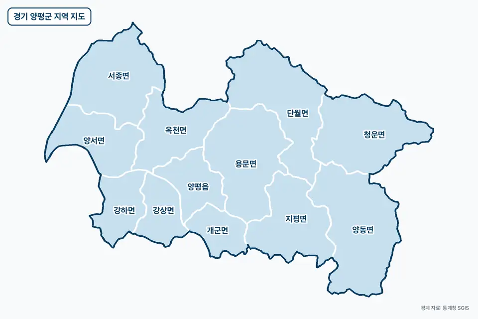 경기 양평군 지역 지도. 양동면, 단월면, 용문면, 청운면 등 12곳이 파란색으로 칠해져 있고 이름이 적혀 있다.
