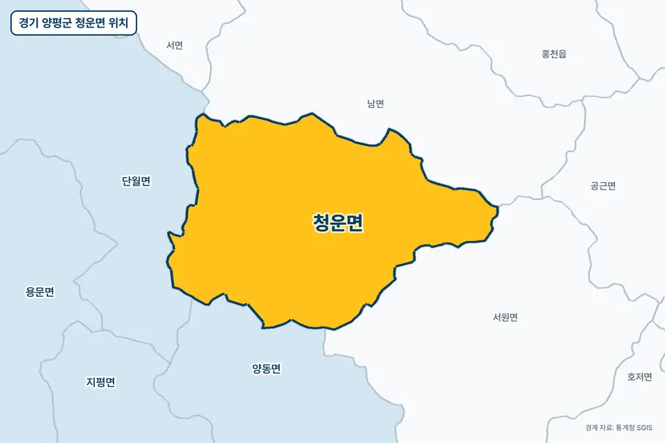 경기 양평군 청운면 지도 그림. 가운데 노란 부분이 청운면이고 주변에 단월면, 양동면, 서원면, 남면이 보인다.