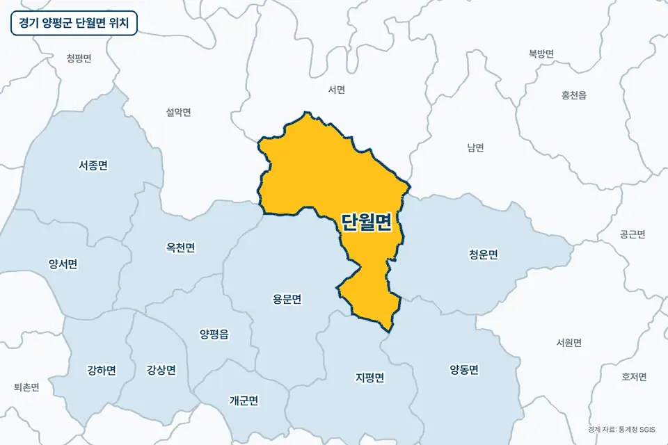 노란색으로 표시한 경기 양평군 단월면과 그 둘레의 용문면, 청운면, 설악면, 지평면을 그린 지도 그림.