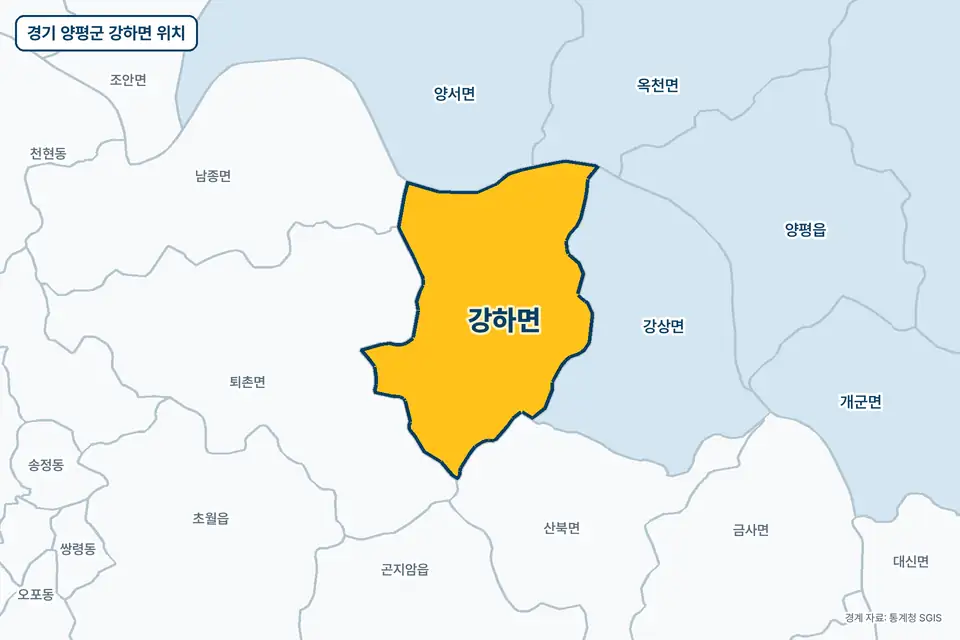 경기 양평군 강하면 위치 지도. 노란색으로 칠한 강하면 둘레에 퇴촌면, 강상면, 양서면, 산북면 이름이 적혀 있다.