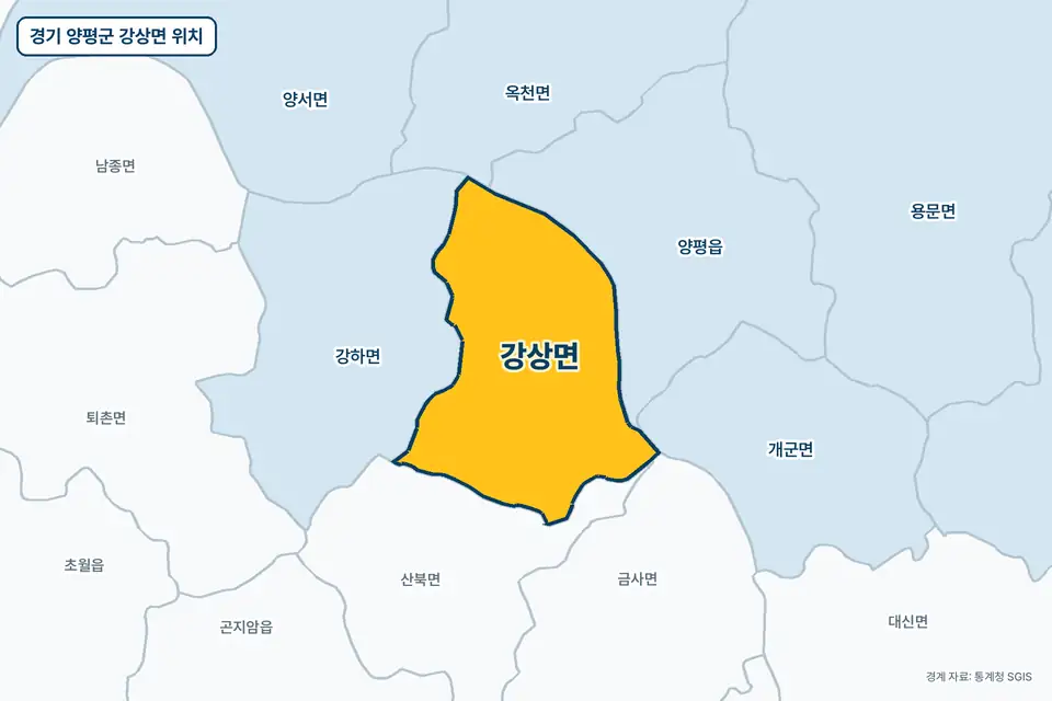 노란색으로 표시한 경기 양평군 강상면과 그 둘레의 산북면, 강하면, 양평읍, 개군면을 그린 지도 그림.