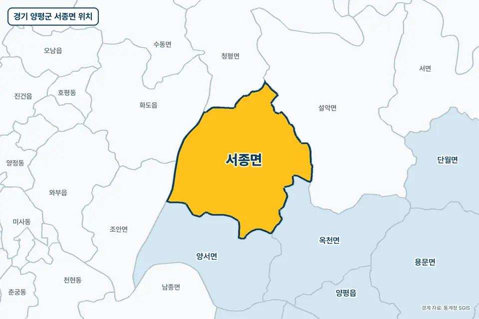 노란색으로 표시한 경기 양평군 서종면과 그 둘레의 양서면, 설악면, 옥천면, 청평면을 그린 지도 그림.