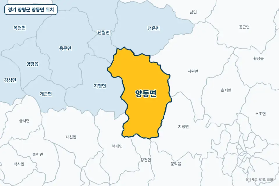 노란색으로 표시한 경기 양평군 양동면과 그 둘레의 지평면, 청운면, 북내면, 강천면을 그린 지도 그림.