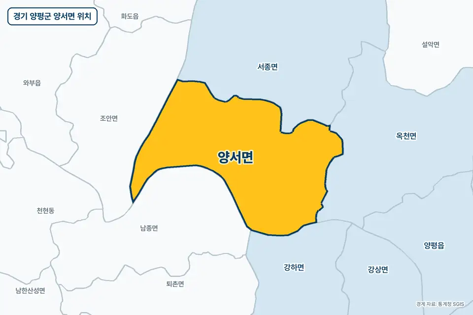 노란색으로 표시한 경기 양평군 양서면과 그 둘레의 서종면, 남종면, 조안면, 옥천면을 그린 지도 그림.
