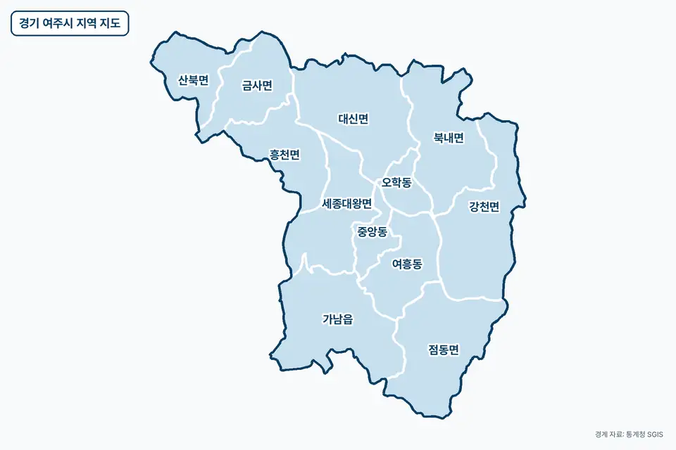 파란색으로 칠한 경기 여주시 지도 그림. 가남읍, 대신면, 강천면, 점동면을 비롯한 12곳의 경계와 이름이 보인다.