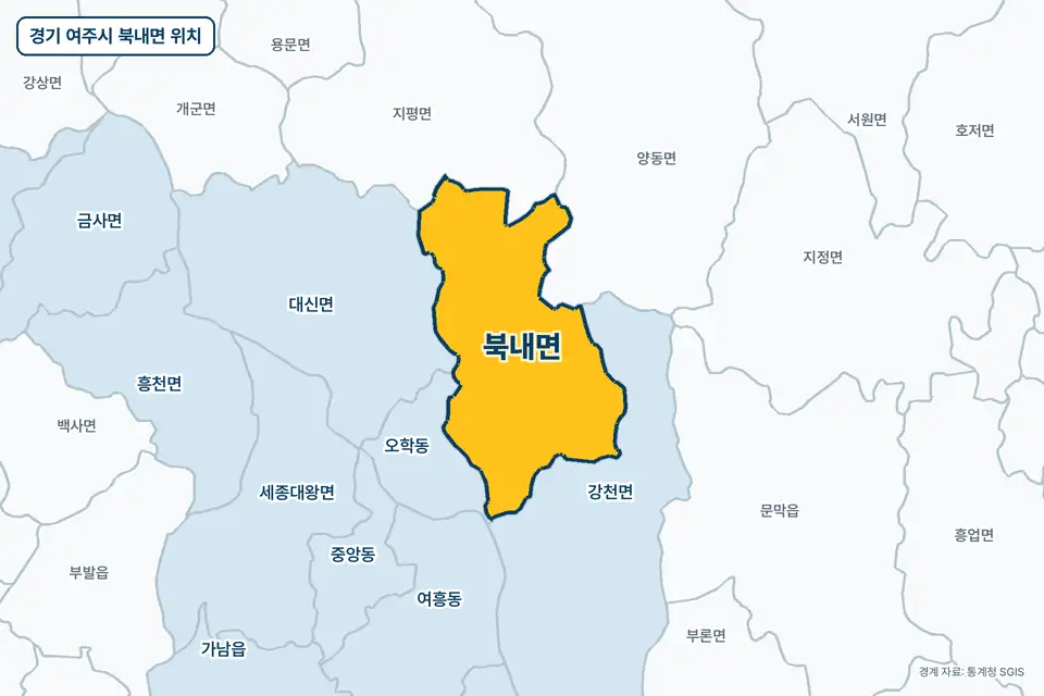 경기 여주시 북내면 위치 지도. 노란색으로 칠한 북내면 둘레에 강천면, 지평면, 대신면, 양동면 이름이 적혀 있다.