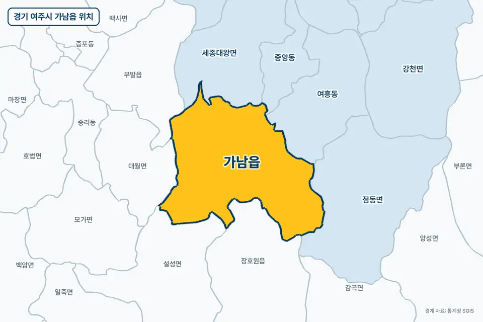 경기 여주시 가남읍 지도 그림. 가운데 노란 부분이 가남읍이고 주변에 장호원읍, 세종대왕면, 설성면, 점동면이 보인다.