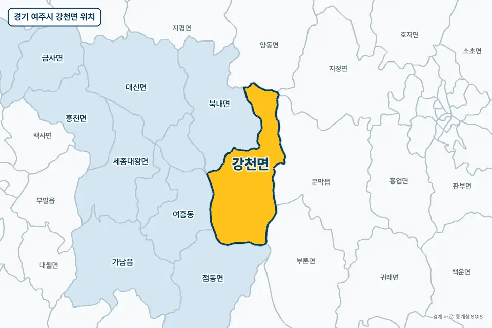 경기 여주시 강천면 위치 지도. 노란색으로 칠한 강천면 둘레에 북내면, 점동면, 여흥동, 양동면 이름이 적혀 있다.