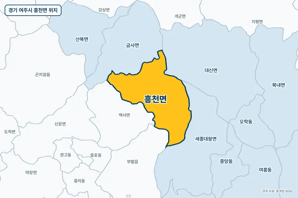 경기 여주시 흥천면 위치 지도. 노란색으로 칠한 흥천면 둘레에 금사면, 세종대왕면, 백사면, 대신면 이름이 적혀 있다.