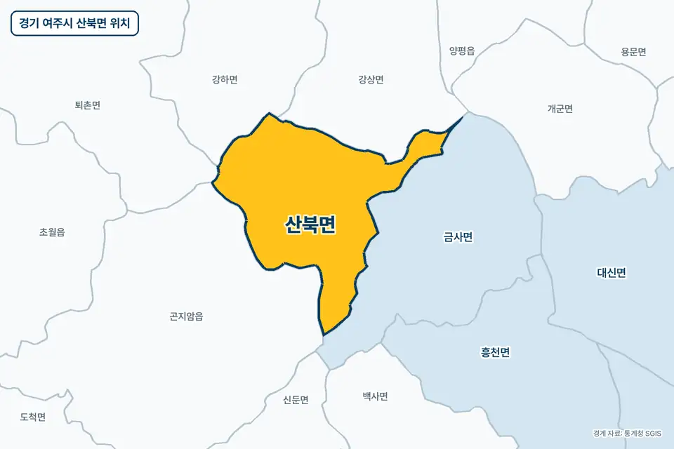 경기 여주시 산북면 위치 지도. 노란색으로 칠한 산북면 둘레에 금사면, 강상면, 곤지암읍, 강하면 이름이 적혀 있다.