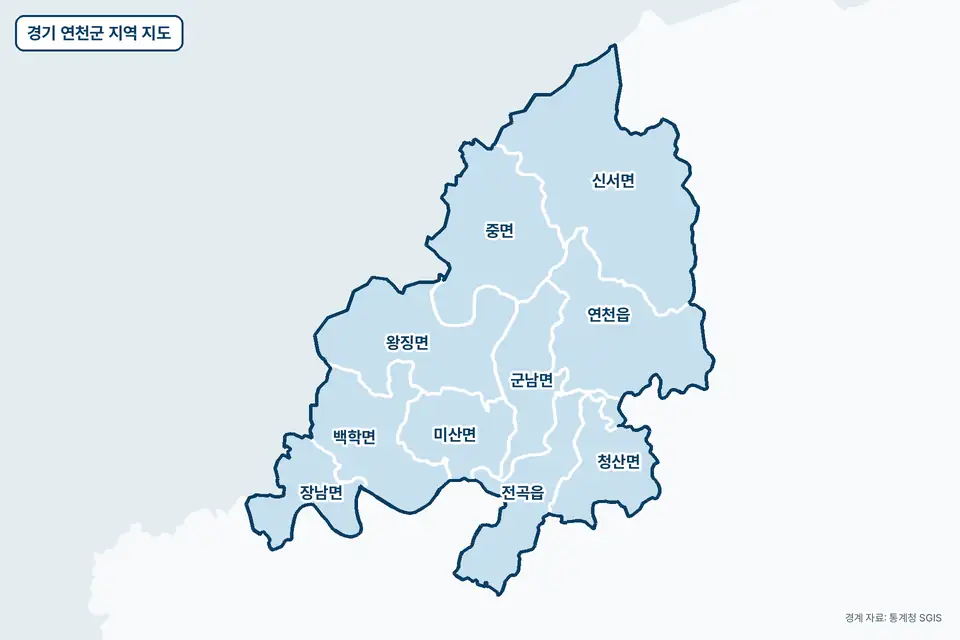파란색으로 칠한 경기 연천군 지도 그림. 신서면, 연천읍, 왕징면, 중면을 비롯한 10곳의 경계와 이름이 보인다.