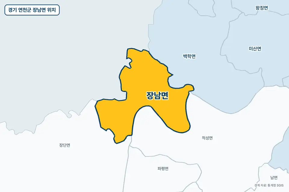 경기 연천군 장남면 지도 그림. 가운데 노란 부분이 장남면이고 주변에 적성면, 백학면, 장단면, 미산면이 보인다.