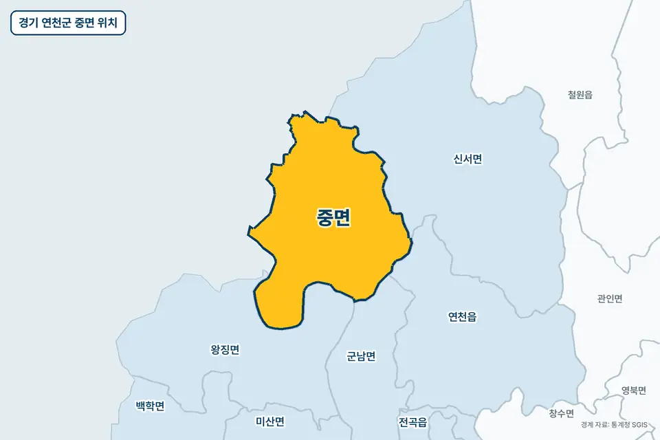 노란색으로 표시한 경기 연천군 중면과 그 둘레의 왕징면, 신서면, 군남면, 연천읍을 그린 지도 그림.