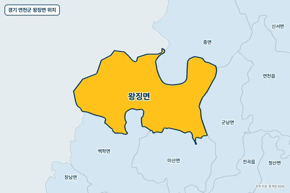 경기 연천군 왕징면 위치 지도. 노란색으로 칠한 왕징면 둘레에 백학면, 중면, 미산면, 군남면 이름이 적혀 있다.