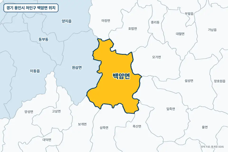 경기 용인시 처인구 백암면 위치 지도. 노란색으로 칠한 백암면 둘레에 원삼면, 삼죽면, 호법면, 일죽면 이름이 적혀 있다.