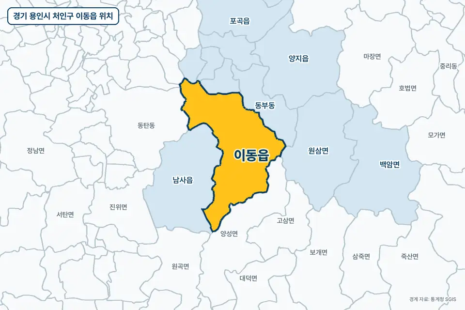 경기 용인시 처인구 이동읍 위치 지도. 노란색으로 칠한 이동읍 둘레에 남사읍, 양성면, 동부동, 동탄동 이름이 적혀 있다.