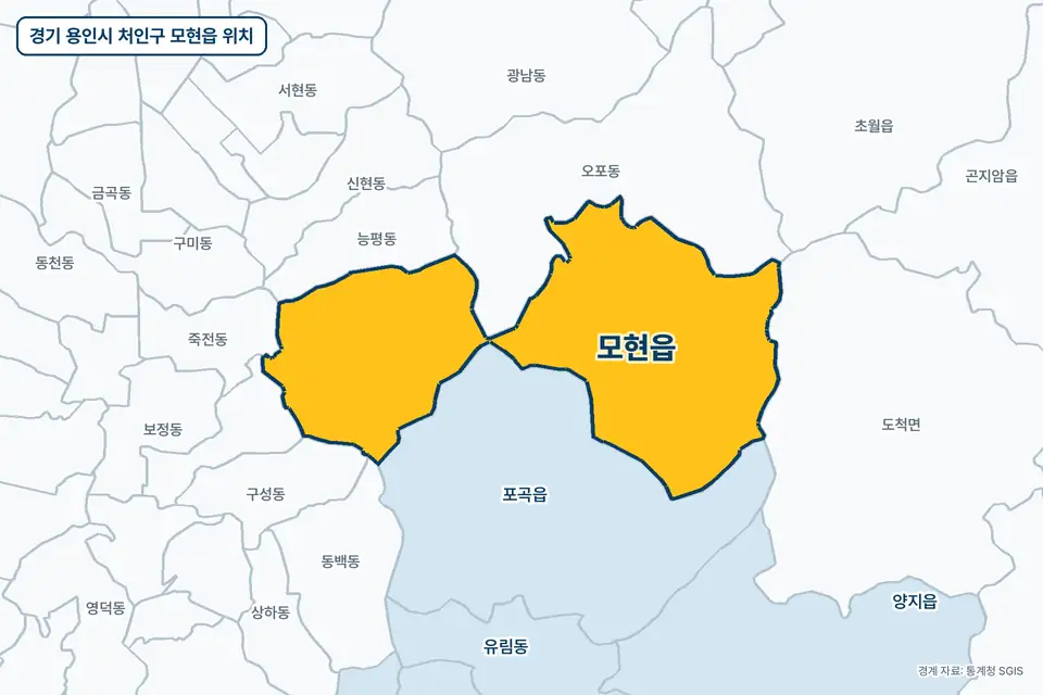 경기 용인시 처인구 모현읍 지도 그림. 가운데 노란 부분이 모현읍이고 주변에 오포동, 포곡읍, 능평동, 도척면이 보인다.