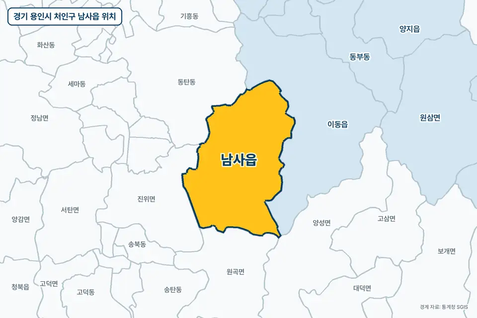 경기 용인시 처인구 남사읍 지도 그림. 가운데 노란 부분이 남사읍이고 주변에 이동읍, 원곡면, 진위면, 동탄동이 보인다.