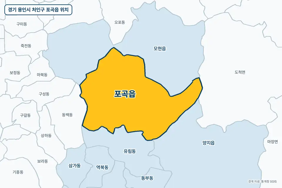 경기 용인시 처인구 포곡읍 위치 지도. 노란색으로 칠한 포곡읍 둘레에 모현읍, 유림동, 양지읍, 동백동 이름이 적혀 있다.