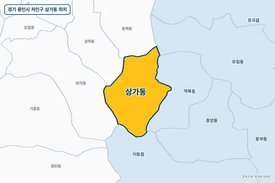 노란색으로 표시한 경기 용인시 처인구 삼가동과 그 둘레의 역북동, 보라동, 동백동, 이동읍을 그린 지도 그림.