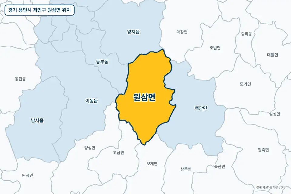 경기 용인시 처인구 원삼면 지도 그림. 가운데 노란 부분이 원삼면이고 주변에 백암면, 양지읍, 고삼면, 동부동이 보인다.