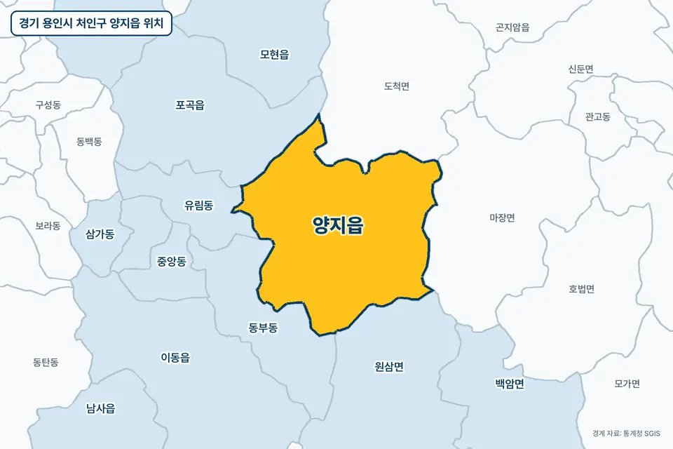 노란색으로 표시한 경기 용인시 처인구 양지읍과 그 둘레의 도척면, 동부동, 마장면, 원삼면을 그린 지도 그림.
