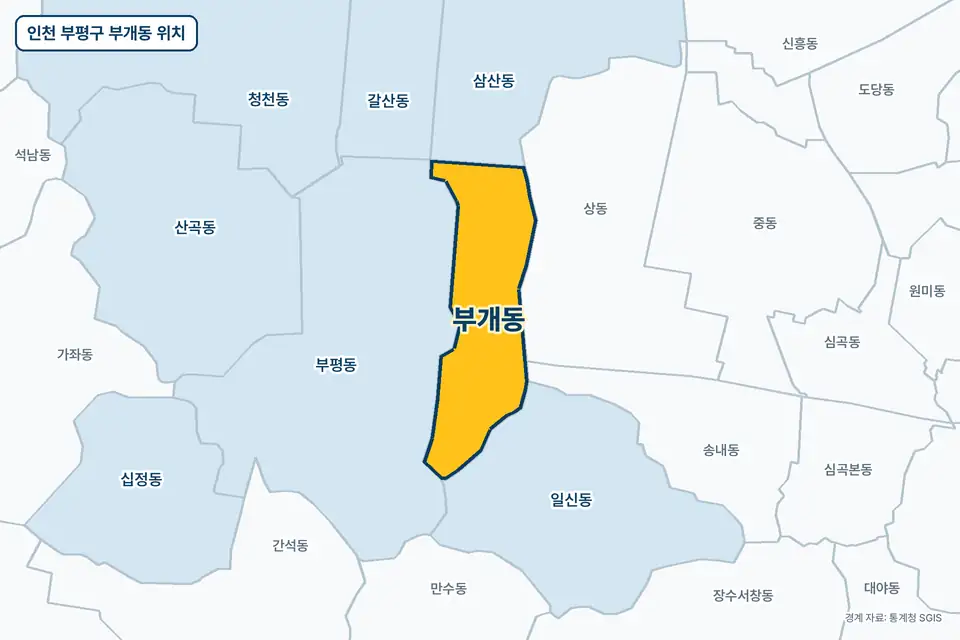 인천 부평구 부개동 지도 그림. 가운데 노란 부분이 부개동이고 주변에 부평동, 상동, 일신동, 삼산동이 보인다.