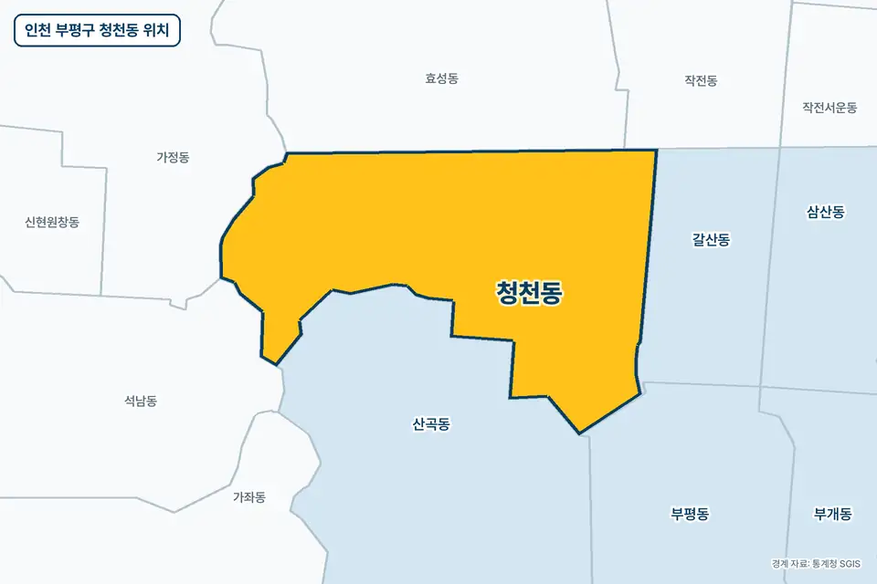 인천 부평구 청천동 지도 그림. 가운데 노란 부분이 청천동이고 주변에 산곡동, 효성동, 갈산동, 가정동이 보인다.