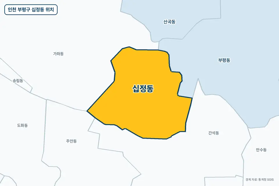 인천 부평구 십정동 지도 그림. 가운데 노란 부분이 십정동이고 주변에 간석동, 가좌동, 부평동, 주안동이 보인다.