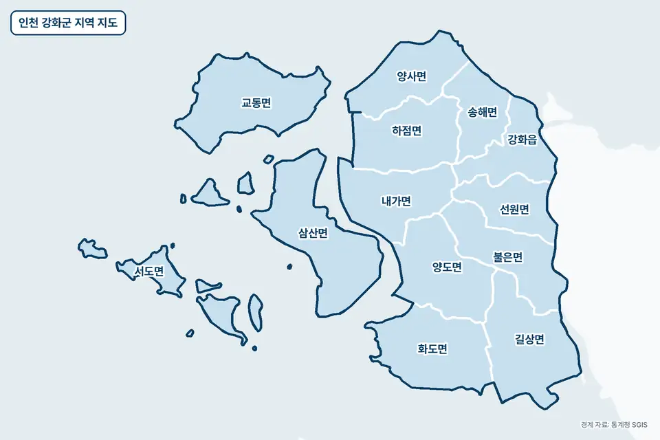 인천 강화군 지역 지도. 삼산면, 교동면, 길상면, 화도면 등 13곳이 파란색으로 칠해져 있고 이름이 적혀 있다.