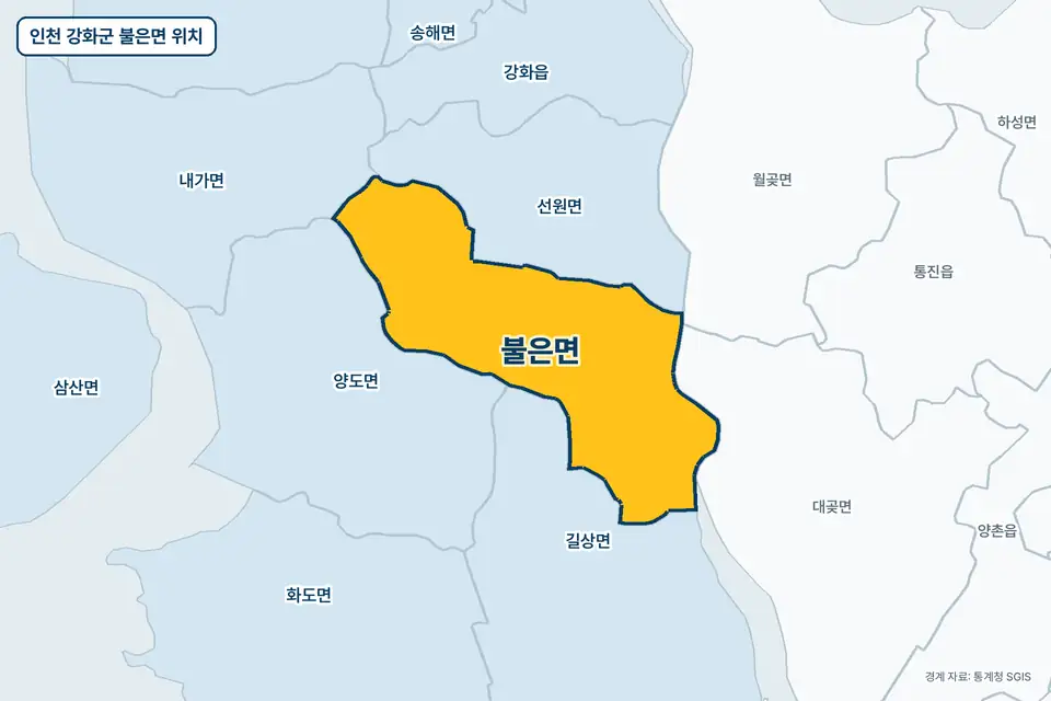 노란색으로 표시한 인천 강화군 불은면과 그 둘레의 선원면, 길상면, 양도면, 대곶면을 그린 지도 그림.