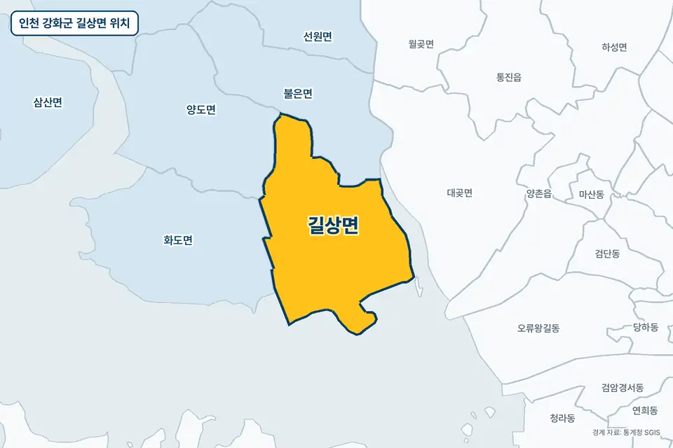 노란색으로 표시한 인천 강화군 길상면과 그 둘레의 불은면, 화도면, 양도면, 대곶면을 그린 지도 그림.