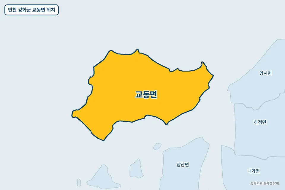 인천 강화군 교동면 지도 그림. 가운데 노란 부분이 교동면이고 주변에 하점면, 삼산면, 양사면, 내가면이 보인다.