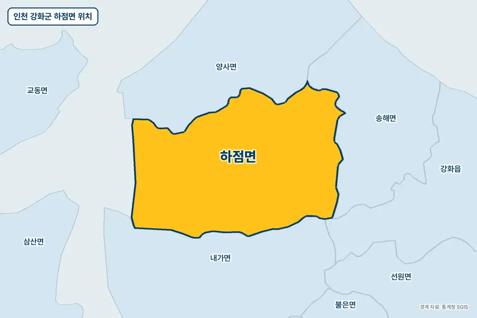 노란색으로 표시한 인천 강화군 하점면과 그 둘레의 내가면, 양사면, 송해면, 강화읍을 그린 지도 그림.