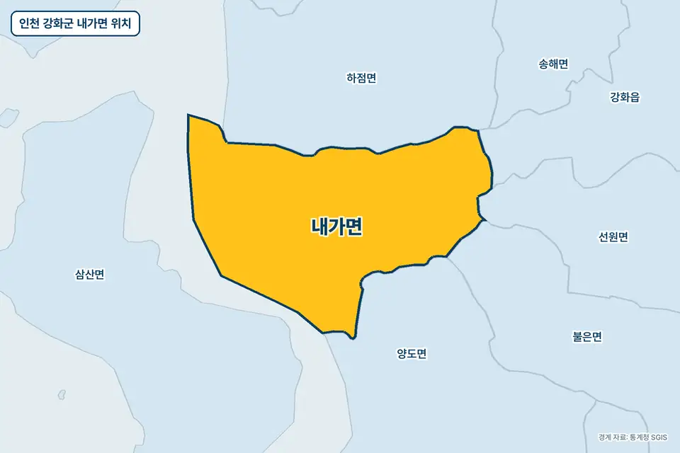 인천 강화군 내가면 위치 지도. 노란색으로 칠한 내가면 둘레에 하점면, 양도면, 불은면, 강화읍 이름이 적혀 있다.