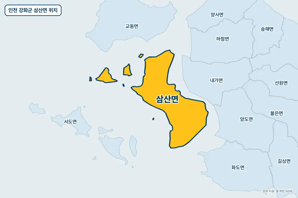 인천 강화군 삼산면 지도 그림. 가운데 노란 부분이 삼산면이고 주변에 교동면, 화도면, 양도면, 하점면이 보인다.