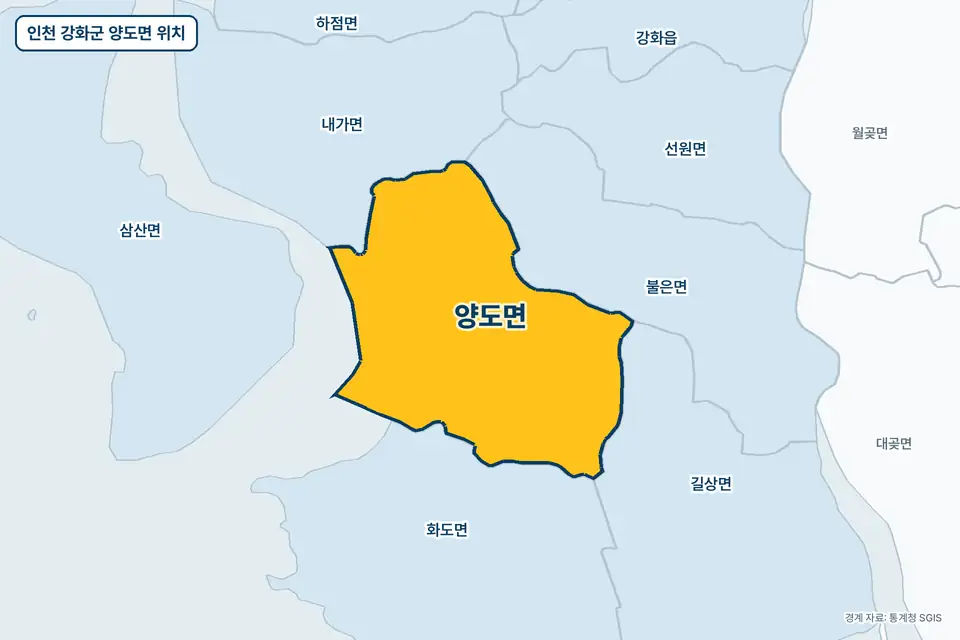 인천 강화군 양도면 지도 그림. 가운데 노란 부분이 양도면이고 주변에 불은면, 화도면, 내가면, 길상면이 보인다.