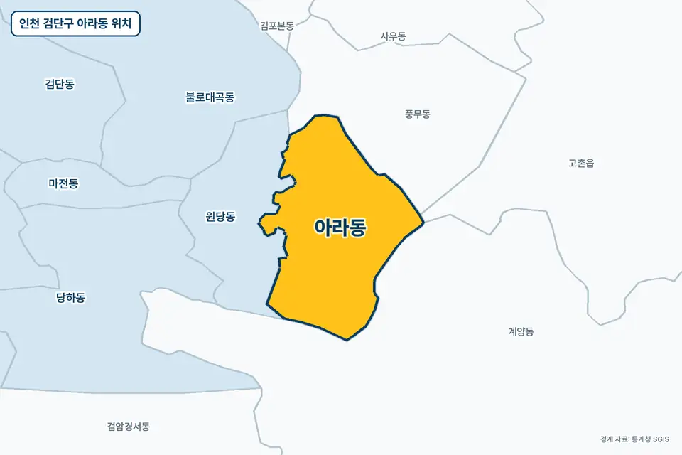 인천 검단구 아라동 지도 그림. 가운데 노란 부분이 아라동이고 주변에 원당동, 계양동, 풍무동, 고촌읍이 보인다.