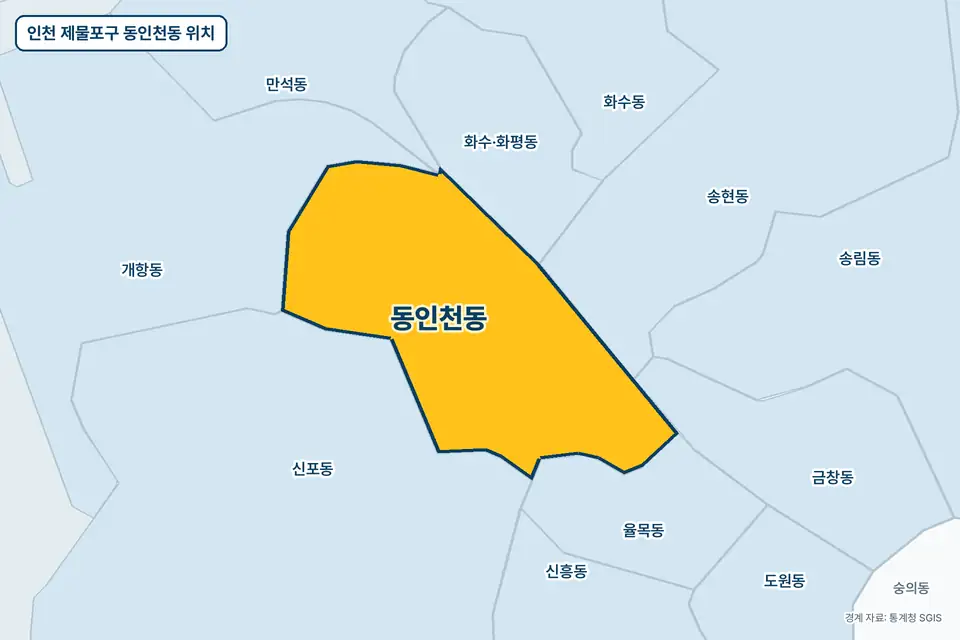 인천 제물포구 동인천동 위치 지도. 노란색으로 칠한 동인천동 둘레에 신포동, 개항동, 율목동, 송현동 이름이 적혀 있다.