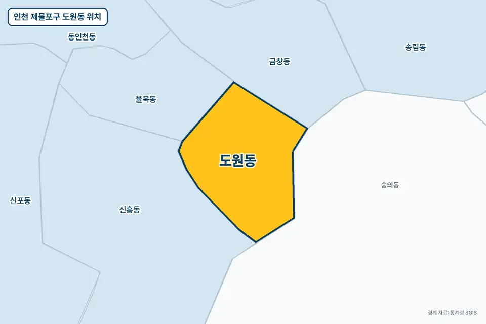 인천 제물포구 도원동 지도 그림. 가운데 노란 부분이 도원동이고 주변에 숭의동, 신흥동, 금창동, 율목동이 보인다.
