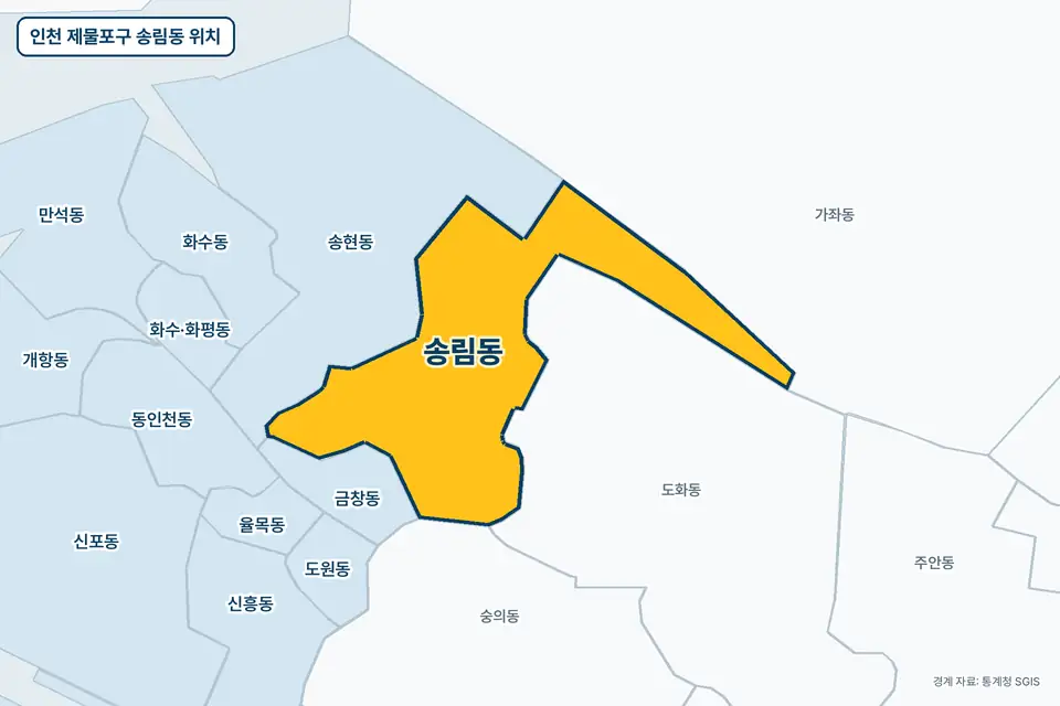 노란색으로 표시한 인천 제물포구 송림동과 그 둘레의 도화동, 송현동, 가좌동, 금창동을 그린 지도 그림.