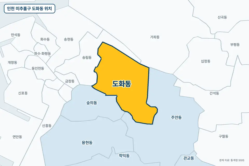 인천 미추홀구 도화동 지도 그림. 가운데 노란 부분이 도화동이고 주변에 송림동, 주안동, 숭의동, 가좌동이 보인다.