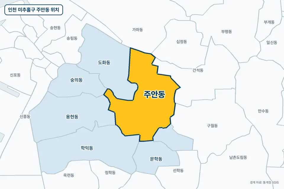 노란색으로 표시한 인천 미추홀구 주안동과 그 둘레의 도화동, 간석동, 학익동, 용현동을 그린 지도 그림.