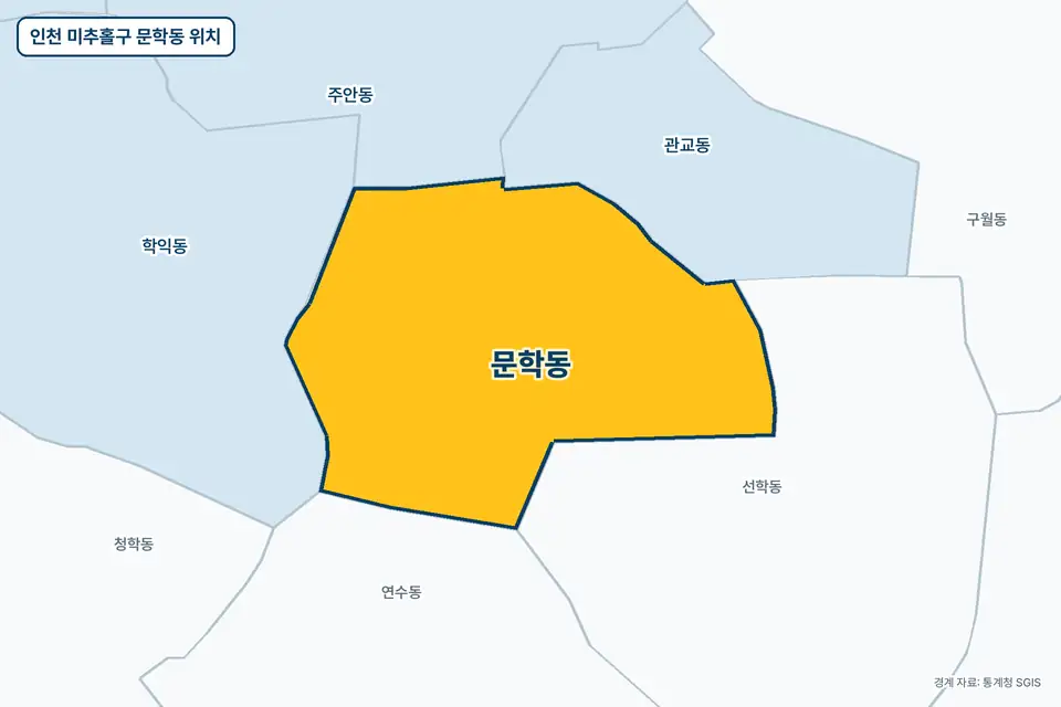 노란색으로 표시한 인천 미추홀구 문학동과 그 둘레의 선학동, 학익동, 관교동, 연수동을 그린 지도 그림.