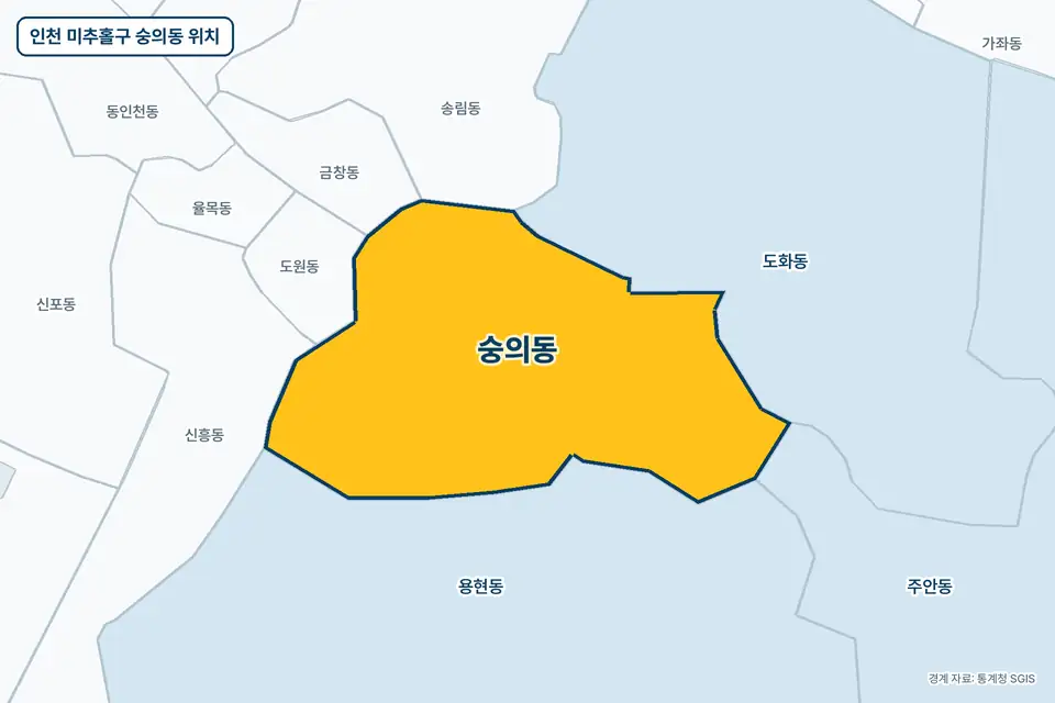 인천 미추홀구 숭의동 지도 그림. 가운데 노란 부분이 숭의동이고 주변에 용현동, 도화동, 도원동, 신흥동이 보인다.