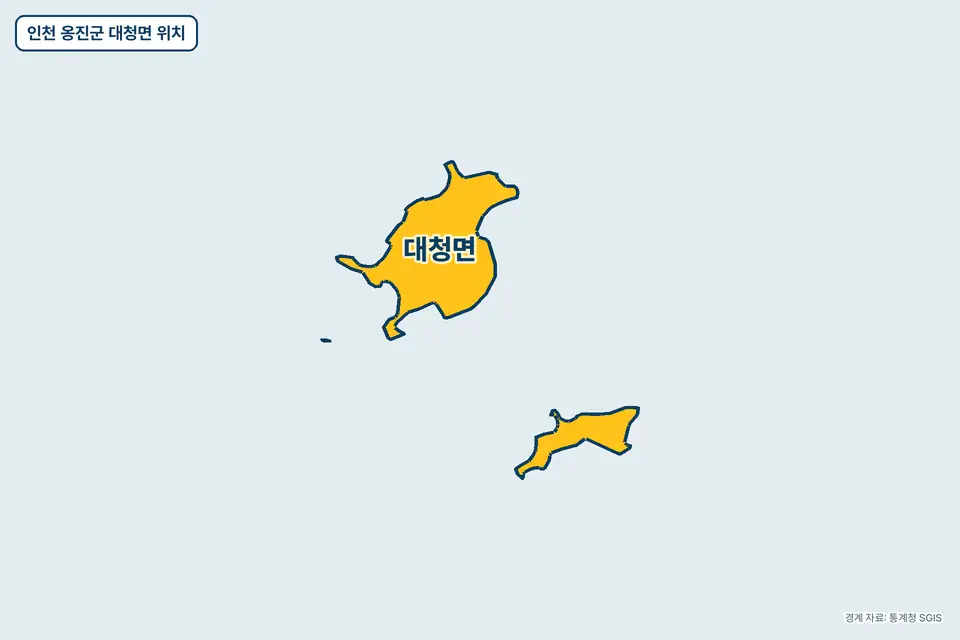 인천 옹진군 대청면 위치 지도. 대청면이 노란색으로 칠해져 있다.