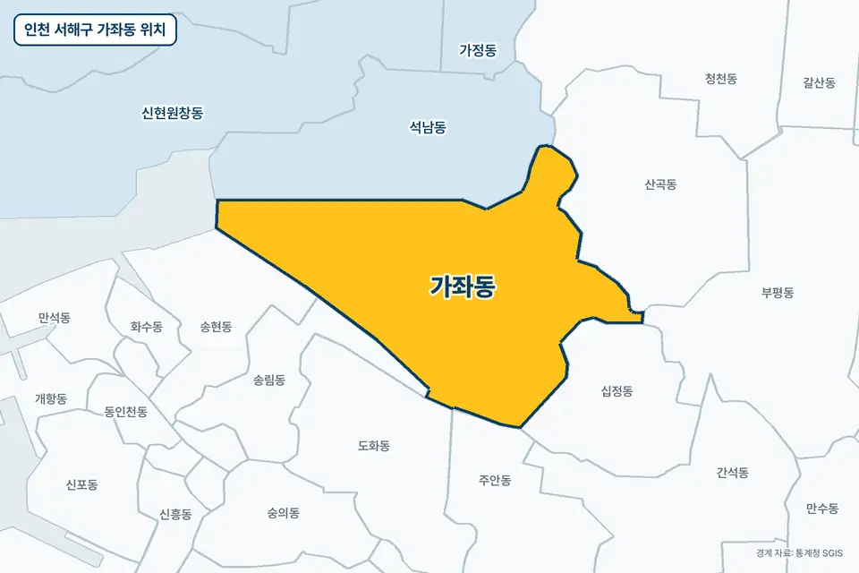 인천 서해구 가좌동 위치 지도. 노란색으로 칠한 가좌동 둘레에 석남동, 산곡동, 십정동, 송림동 이름이 적혀 있다.