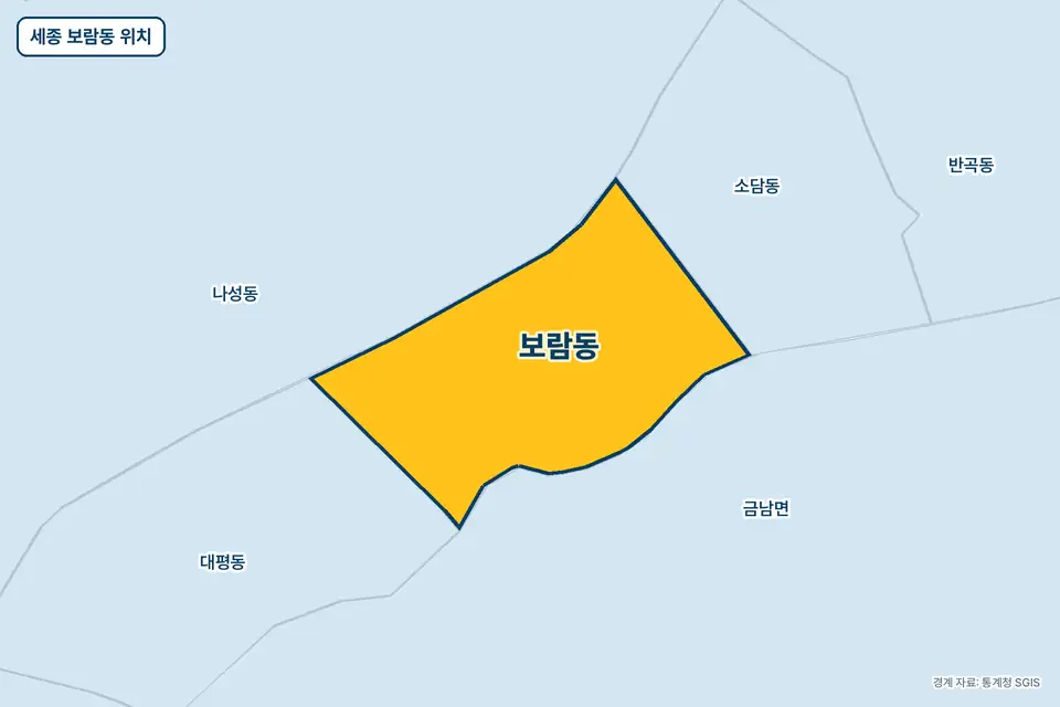 세종 보람동 위치 지도. 노란색으로 칠한 보람동 둘레에 나성동, 금남면, 소담동, 대평동 이름이 적혀 있다.